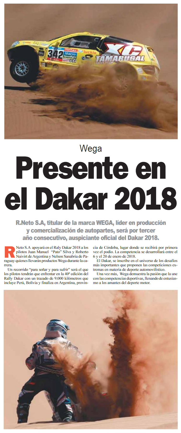 Wega presente en el Dakar 2018